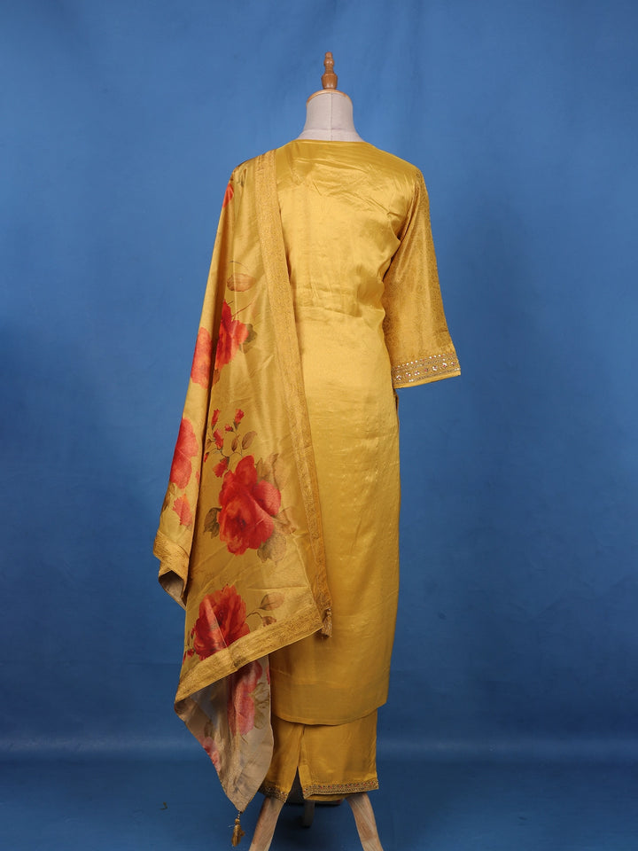 Mustard Yellow Sequins and Bead Embellished Tissue Banarasi Salwar Suit - Diadem
