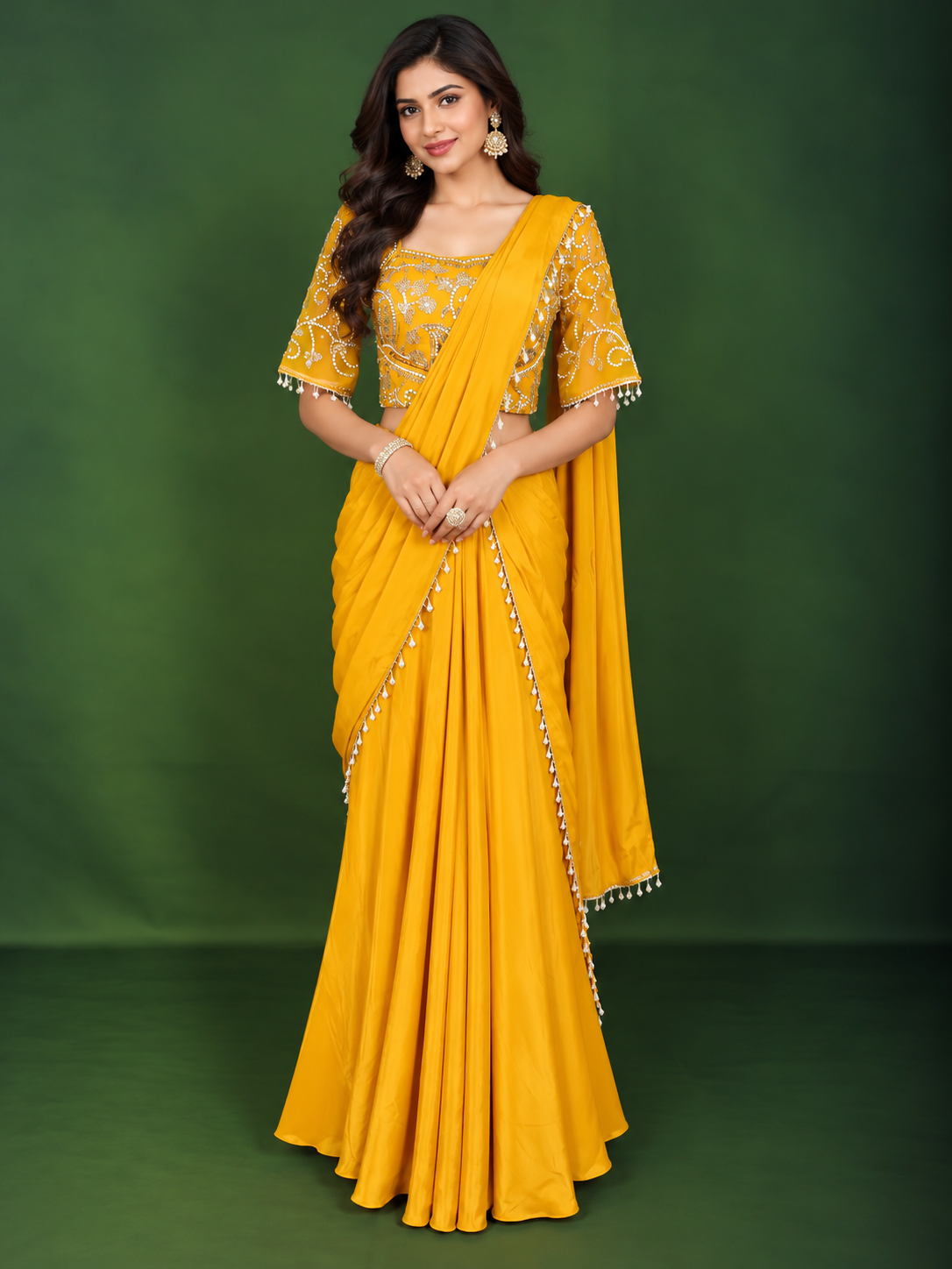 Mustard Yellow Solid Design Satin Ready to Wear Draped Saree with Matching Beads Embroidered  Designer Blouse