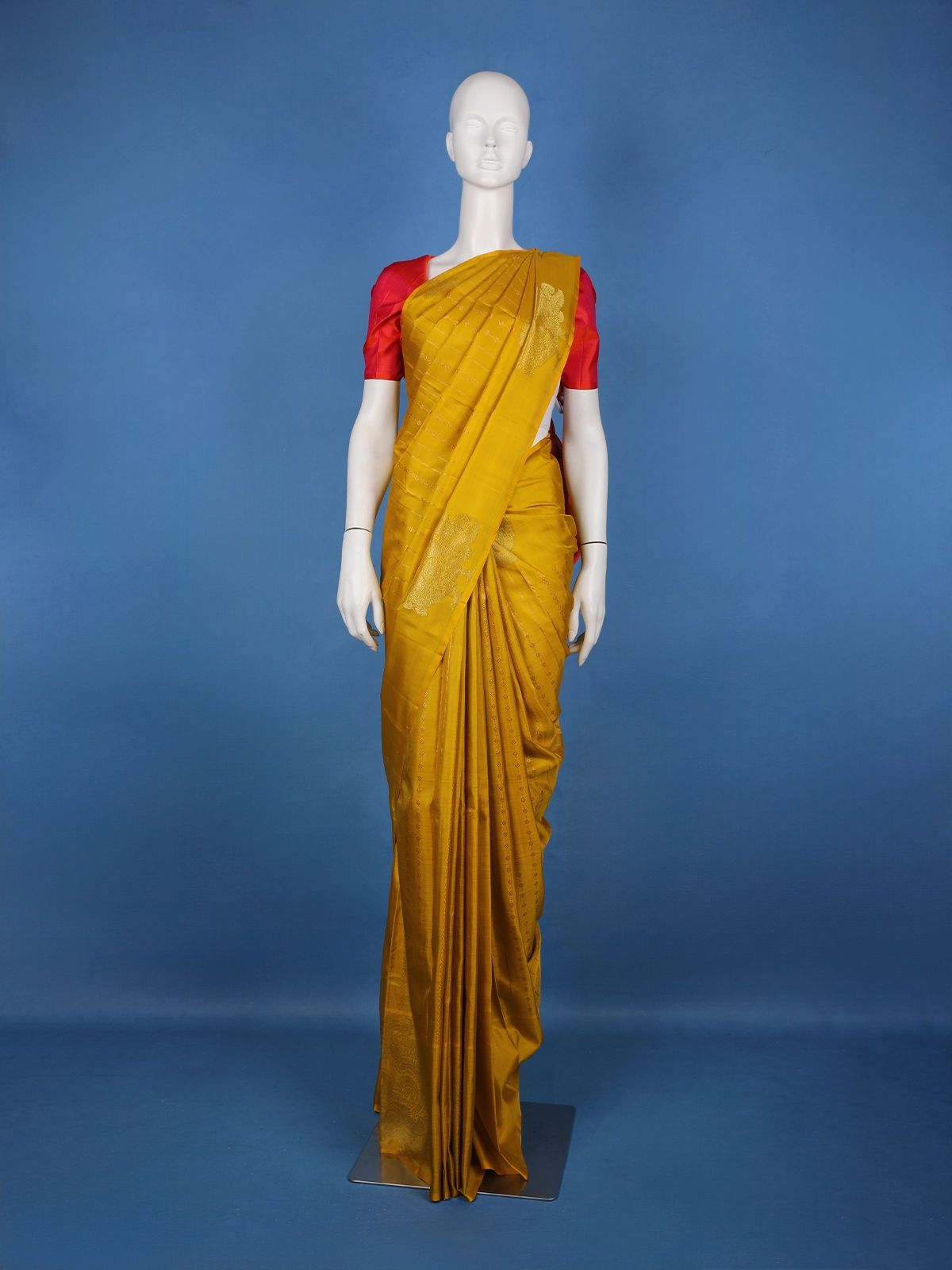 Mustard Yellow Woven Stripes Floral Design Zari Border Silk Saree - Diadem