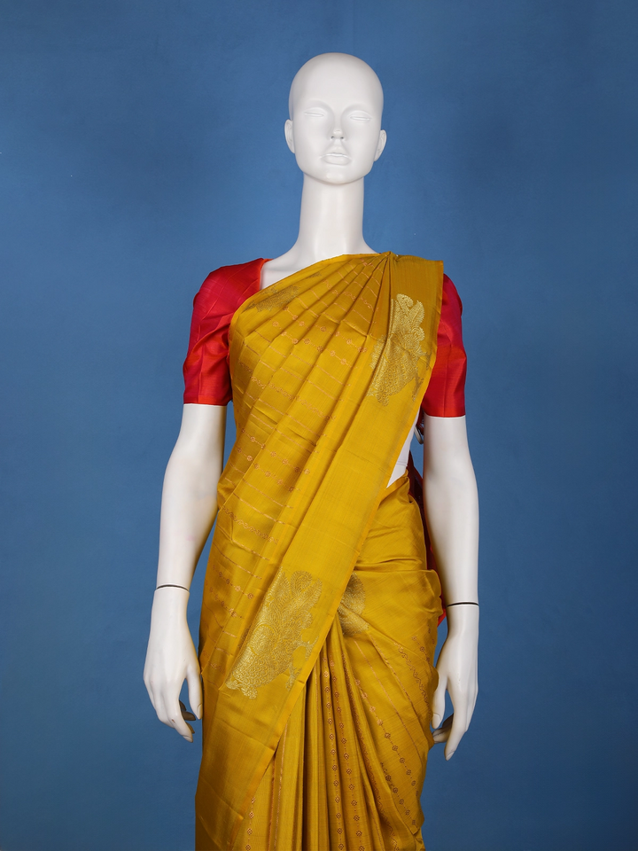Mustard Yellow Woven Stripes Floral Design Zari Border Silk Saree - Diadem