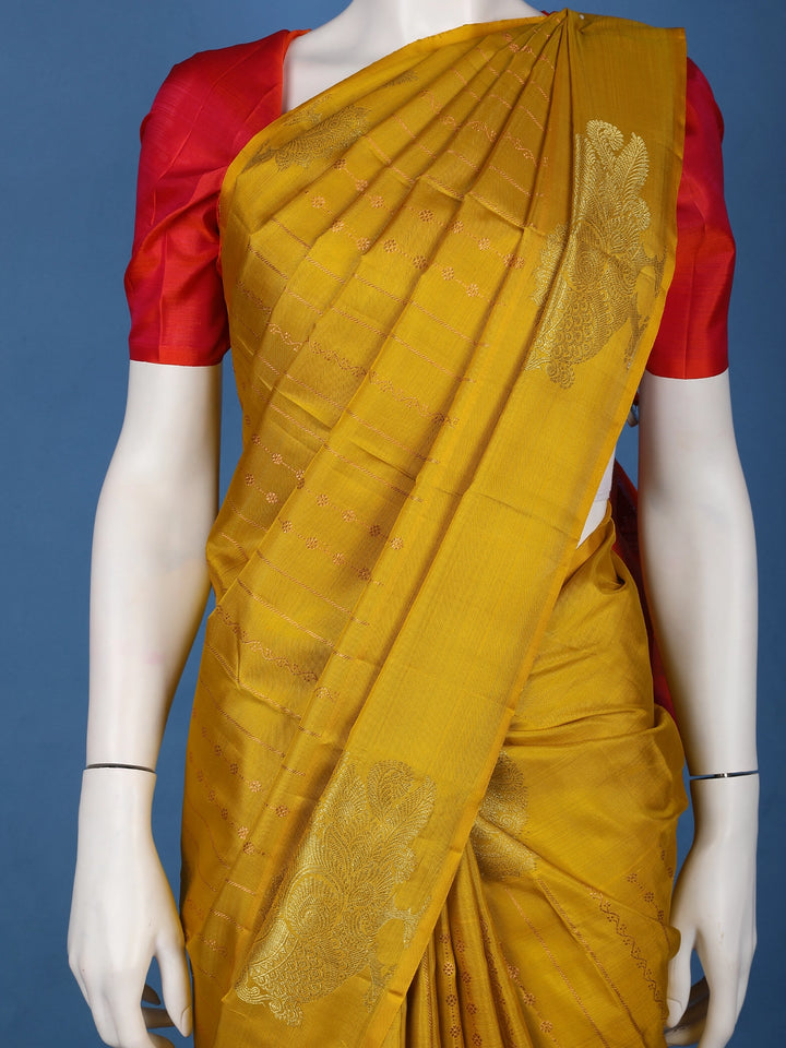 Mustard Yellow Woven Stripes Floral Design Zari Border Silk Saree - Diadem
