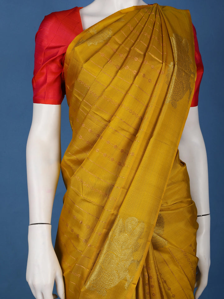 Mustard Yellow Woven Stripes Floral Design Zari Border Silk Saree - Diadem