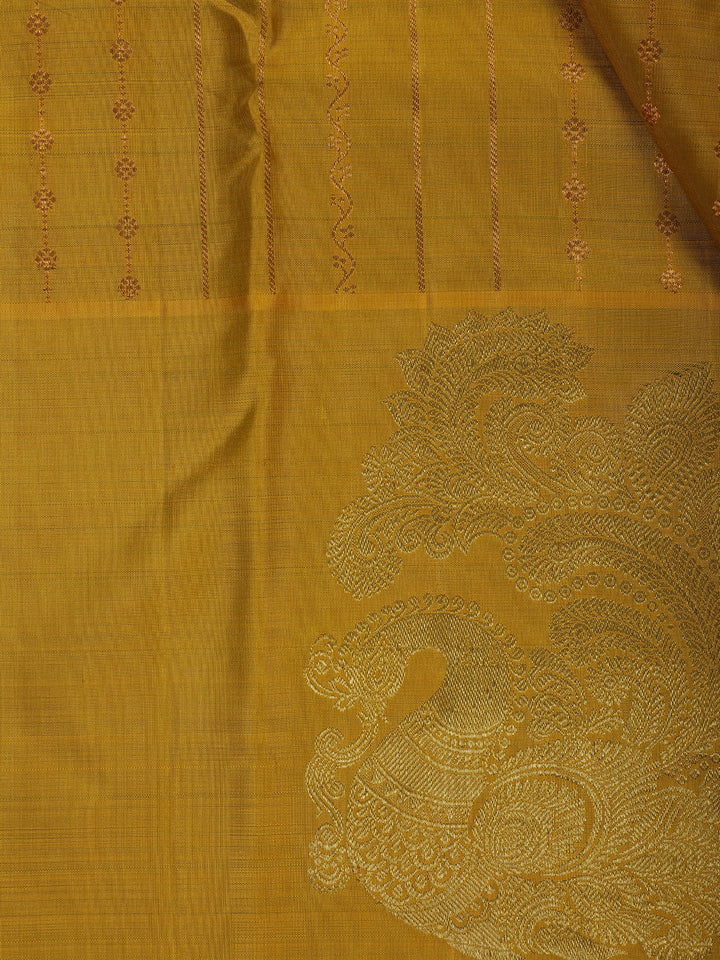 Mustard Yellow Woven Stripes Floral Design Zari Border Silk Saree - Diadem