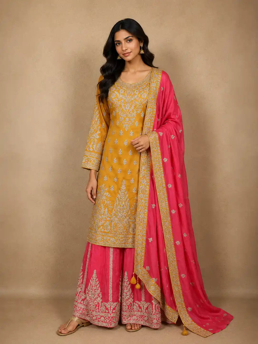 Mustard Yellow and Pink Heavy Embroidered Design Silk Palazzo Suit
