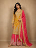 Mustard Yellow and Pink Heavy Embroidered Design Silk Palazzo Suit