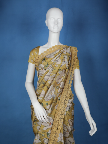 Mustard yellow Floral Designed Semi Tussar Saree - Diadem