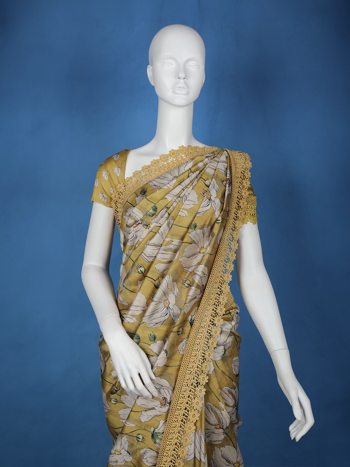 Mustard yellow Floral Designed Semi Tussar Saree - Diadem