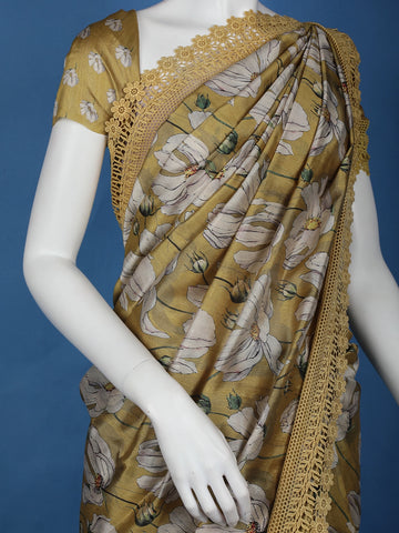Mustard yellow Floral Designed Semi Tussar Saree - Diadem