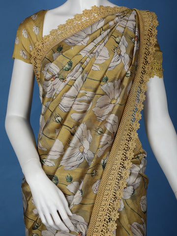 Mustard yellow Floral Designed Semi Tussar Saree - Diadem