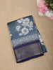 Muted Blue Floral Printed Design Mixed Cotton Saree with Zari Border
