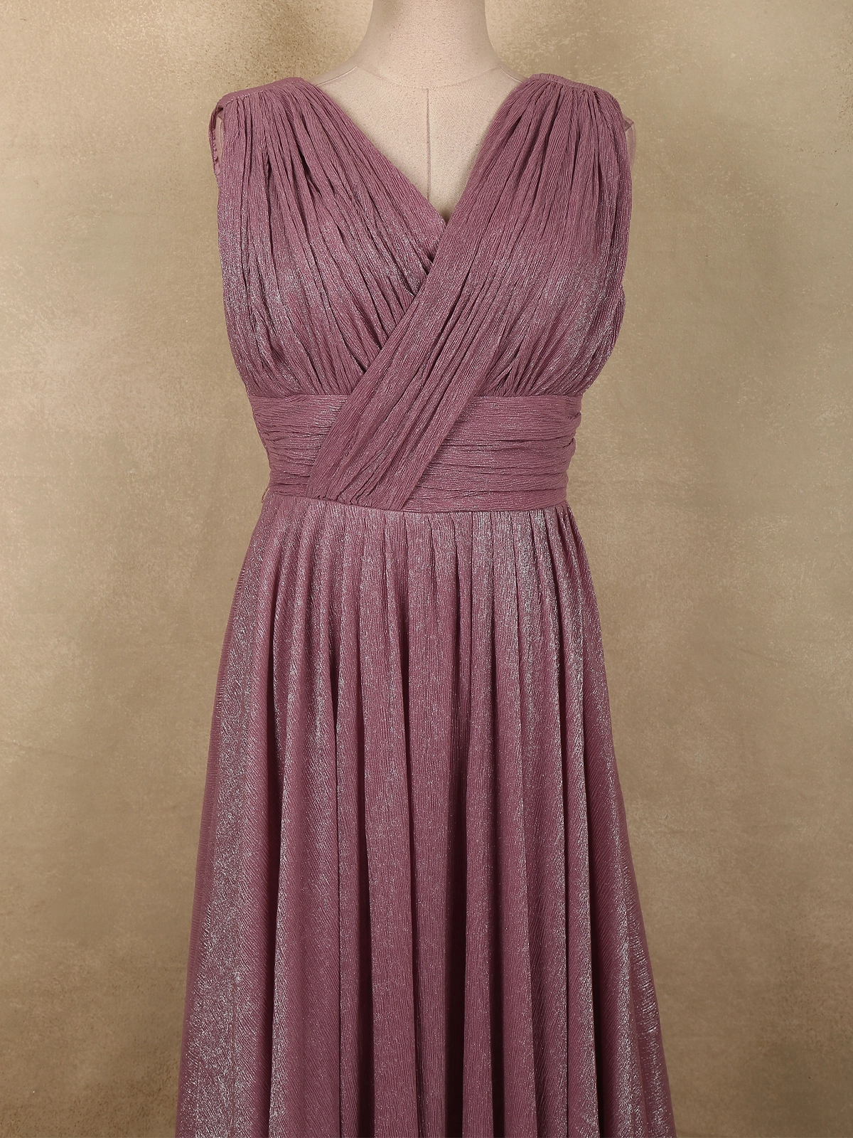 Muted Dusty Mauve Solid Design Shimmer Pleated Party Wear Gown | Diadem Muted Dusty Mauve Solid Design Shimmer Pleated Party Wear Gown | Diadem