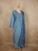 Muted Dusty Steel Blue Floral Thread Embroidered Design Cotton Salwar Suit with Dupatta