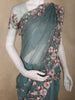 Muted Dusty Teal Blue Floral Sequins and Beads Embroidered Design Net Designer Saree