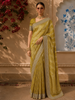 Muted Olive Green Floral Vine Zari Embroidered Design Pure Banarasi Silk Festive Saree with Designer Border