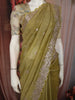 Muted Olive Green Floral Zari Embroidered Design Tissue Organza Fancy Saree with Designer Border