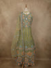 Muted Olive Moss Green Floral Thread and Mirror Embroidered Design Net Anarkali Gown with Dupatta