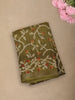 Muted Olive Moss Green Floral Vine Printed Design Mixed Cotton Saree with Zari Border
