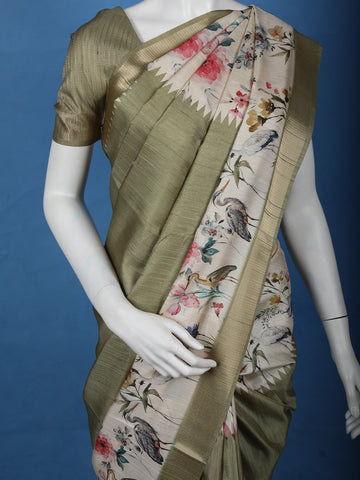 Muted Olive Green Solid Design Tussar Silk Saree - Diadem