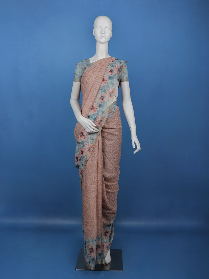 Muted Peach Floral Design Tussar Silk Saree - Diadem