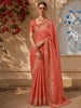 Muted Peach Floral Thread Embroidered Design Pure Tussar Saree with Lace Border