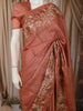 Muted Peach Floral Thread Embroidered Design Pure Tussar Saree with Lace Border