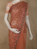 Muted Terracotta Peach Floral Embroidered Design Net Designer Saree
