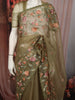 Muted Vine Olive Green Floral Vine Thread Embroidered Design Organza Party Wear Saree with Lace Border