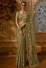 Muted Vine Olive Green Floral Vine Thread Embroidered Design Organza Party Wear Saree with Lace Border