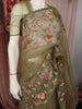 Muted Vine Olive Green Floral Vine Thread Embroidered Design Organza Party Wear Saree with Lace Border