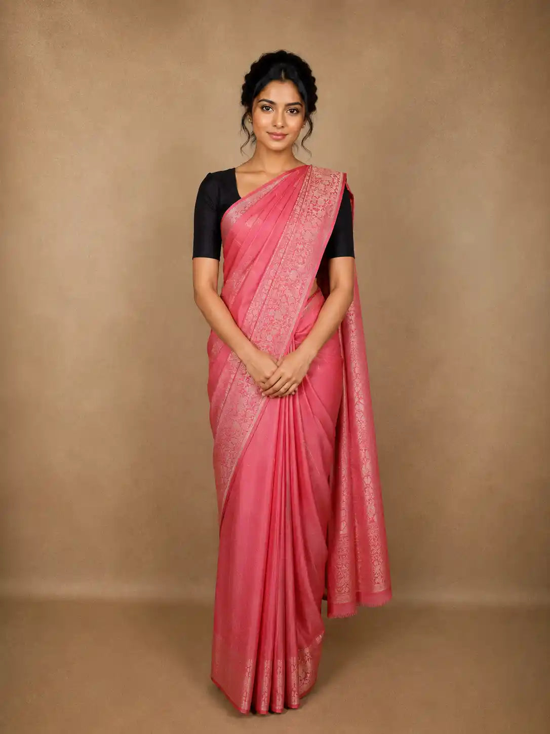 Muted Rose Pink Floral Butta Zari Woven Design Pure Kanchipuram Silk Saree with Floral Border