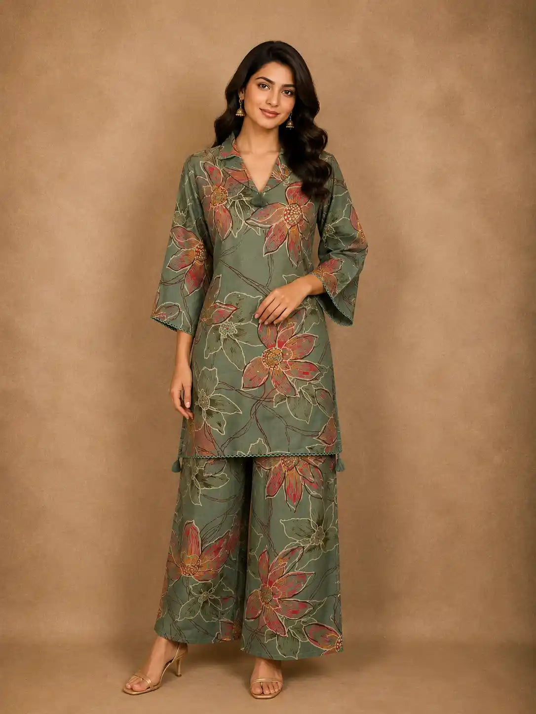 Muted Sage Green Floral Printed Design Cotton Co-ord Set