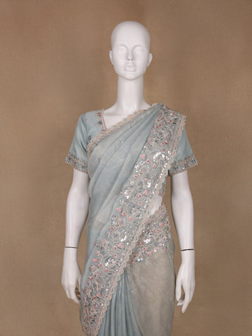 Muted Sage Green Floral Sequin Embroidered Organza Designer Saree - Diadem