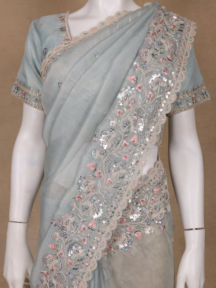 Muted Sage Green Floral Sequin Embroidered Organza Designer Saree - Diadem
