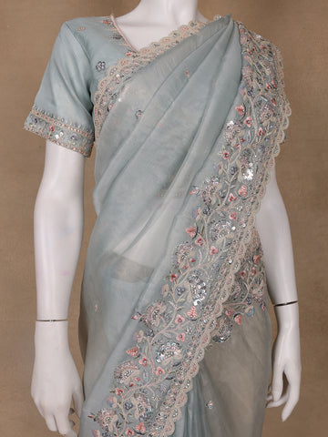 Muted Sage Green Floral Sequin Embroidered Organza Designer Saree - Diadem