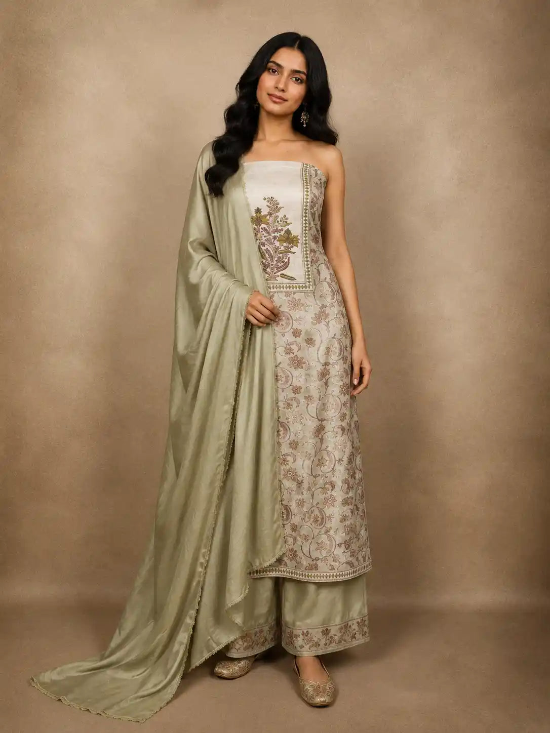 Muted Sage Olive Green Floral Thread Embroidered Design Cotton Unstitched Salwar Material