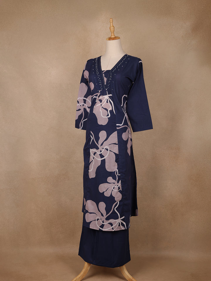 Navy Blue Abstract Printed Cotton Salwar Suit - Diadem