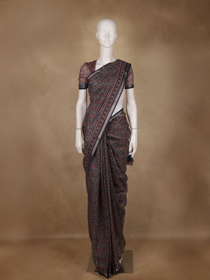 Navy Blue Ajrakh Floral And Geometric Printed Cotton Saree - Diadem