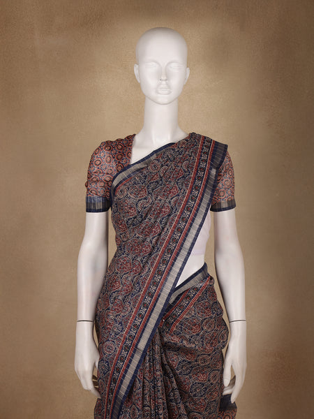 Navy Blue Ajrakh Floral And Geometric Printed Cotton Saree - Diadem