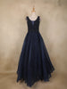 Navy Blue Beads Embellished Design Net Ball Gown with Sleeveless Shoulder Tassel Design