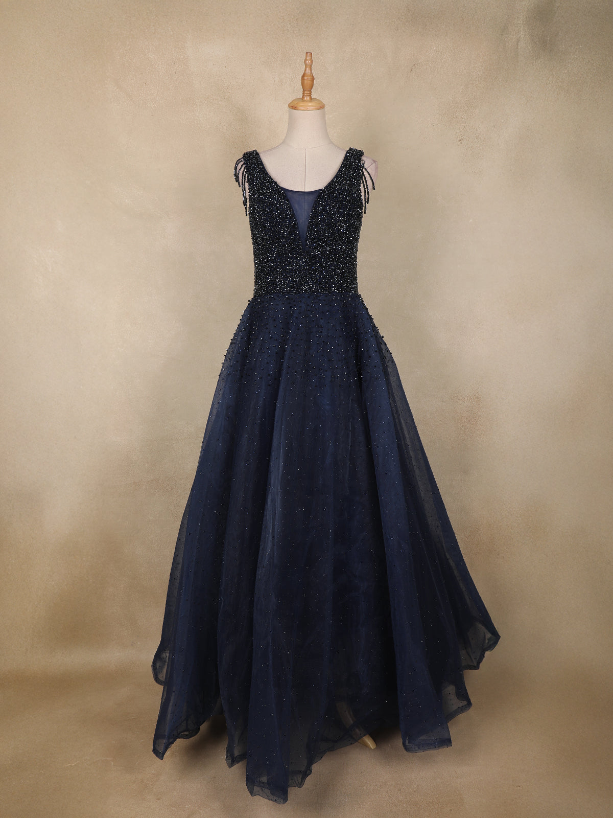 Navy Blue Beads Embellished Design Net Ball Gown with Sleeveless Shoulder Tassel Design | Diadem Navy Blue Beads Embellished Design Net Ball Gown with Sleeveless Shoulder Tassel Design | Diadem