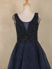 Navy Blue Beads Embellished Design Net Ball Gown with Sleeveless Shoulder Tassel Design