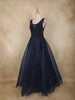 Navy Blue Beads Embellished Design Net Ball Gown with Sleeveless Shoulder Tassel Design