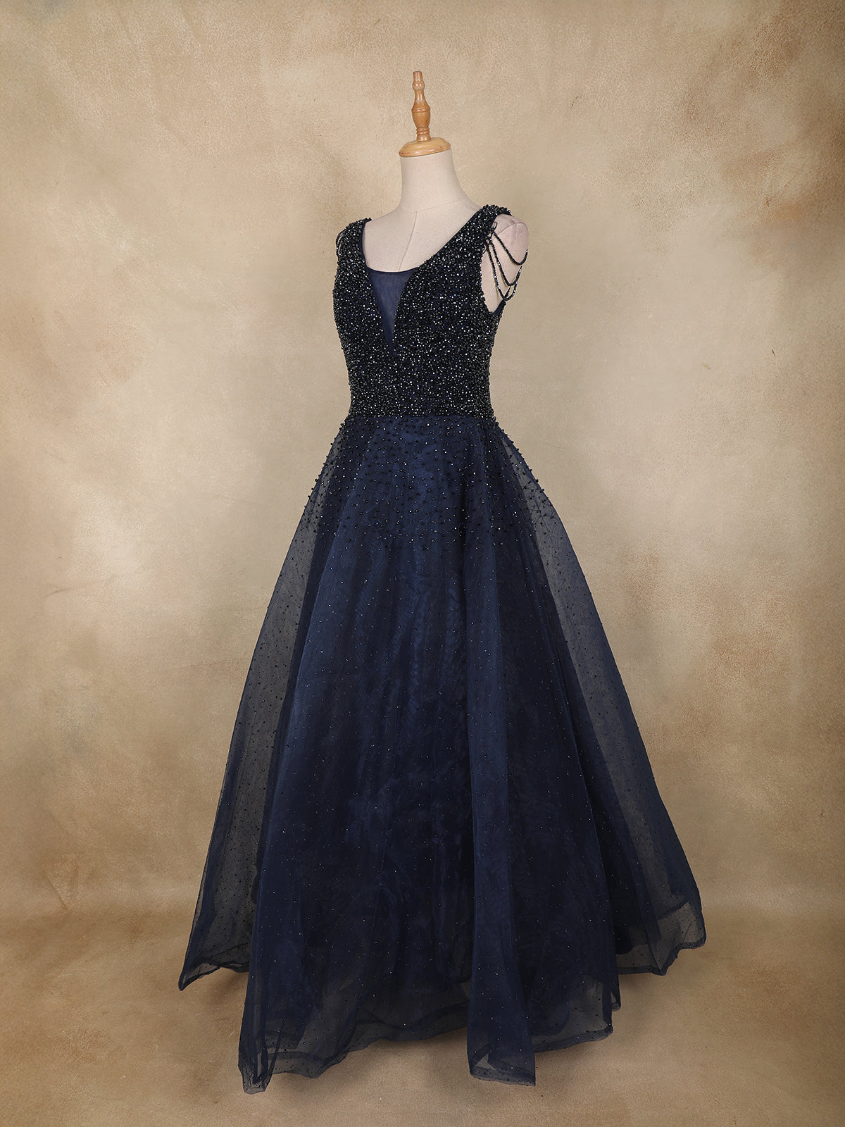 Navy Blue Beads Embellished Design Net Ball Gown with Sleeveless Shoulder Tassel Design | Diadem Navy Blue Beads Embellished Design Net Ball Gown with Sleeveless Shoulder Tassel Design | Diadem
