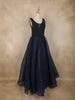 Navy Blue Beads Embellished Design Net Ball Gown with Sleeveless Shoulder Tassel Design