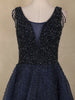 Navy Blue Beads Embellished Design Net Ball Gown with Sleeveless Shoulder Tassel Design