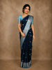 Navy Blue Birds Woven Raw Silk Saree with Contrast Sky Blue Zari Border