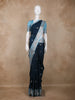 Navy Blue Birds Woven Raw Silk Saree with Contrast Sky Blue Zari Border