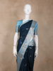 Navy Blue Birds Woven Raw Silk Saree with Contrast Sky Blue Zari Border
