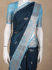 Navy Blue Birds Woven Raw Silk Saree with Contrast Sky Blue Zari Border