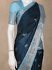 Navy Blue Birds Woven Raw Silk Saree with Contrast Sky Blue Zari Border